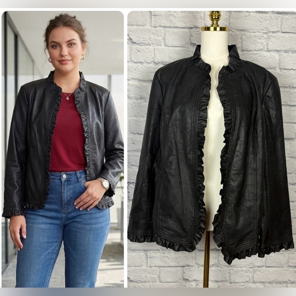 Hot in Hollywood Faux Leather Ruffle Trim Jacket XL